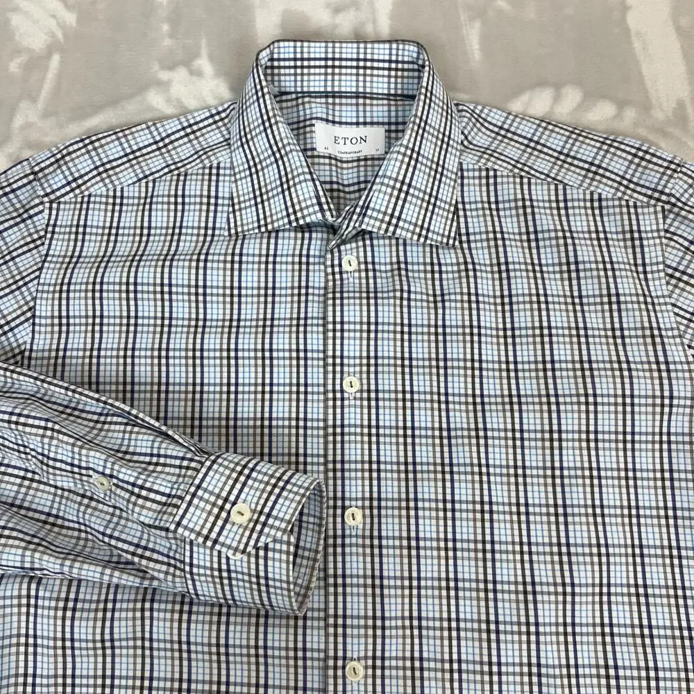 Eton Shirt Mens 43 17 Blue Plaid Button Front Career Preppy Business Officewear